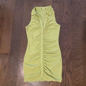 green ruched bodycon button down dress